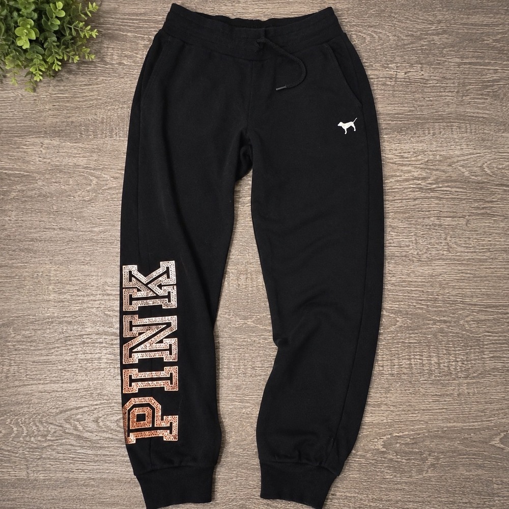 PINK Victorias Secret Black Sequin Logo Sweatpants Small Rose Gold‎ Bling Lounge